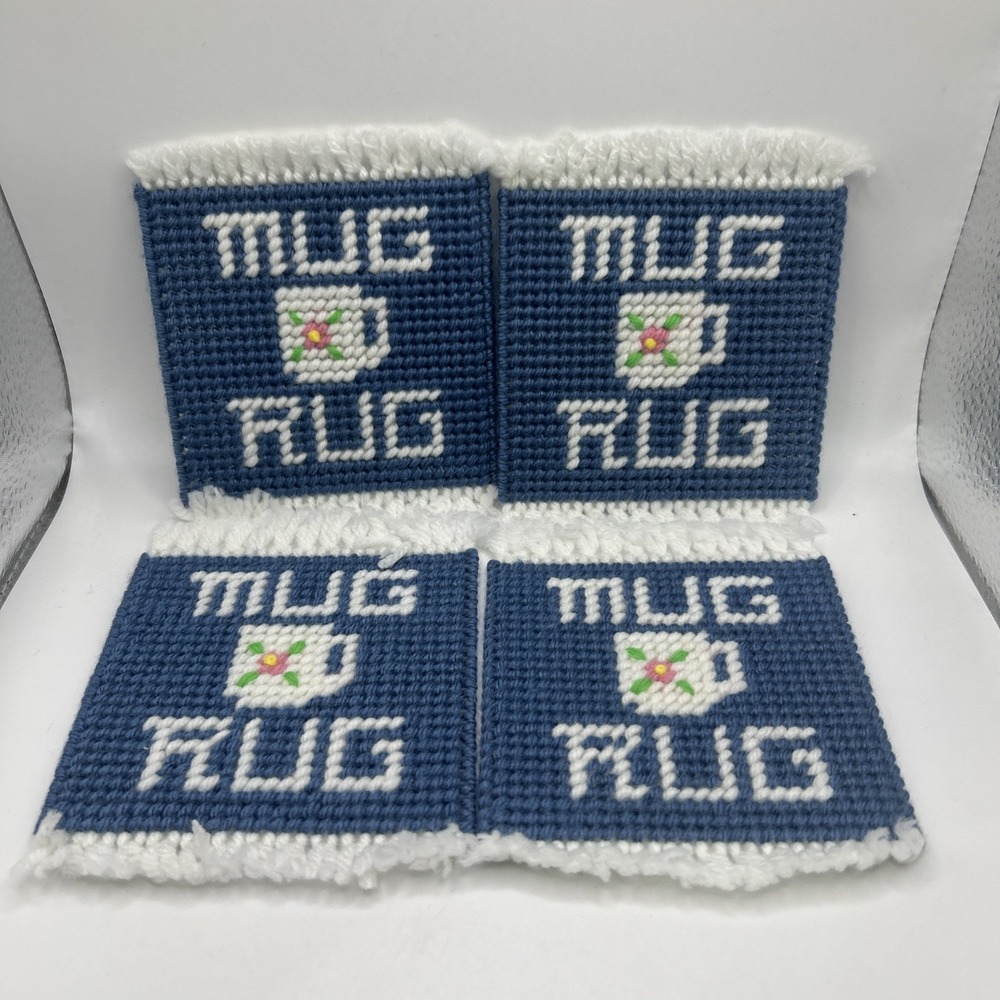 VTG Lot Of 4 Mug Rugs Coasters Handmade White Blue Flower MCM